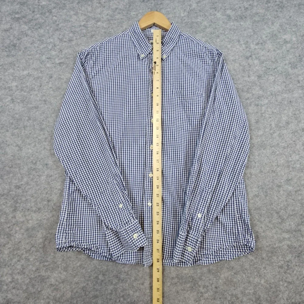 J Crew Shirtings Men's Blue & White Checks Size L 100% Cotton Washed Casual HOLE